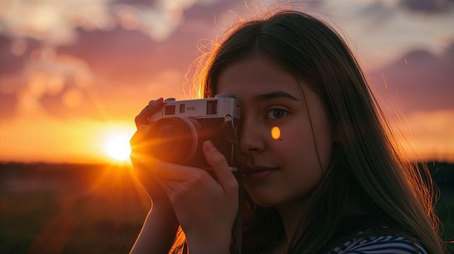 Teen girl capturing sunset portrait with vintage rangefinder camera and warm lens flare