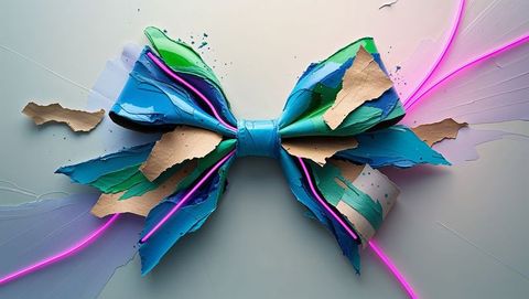 Abstract neon bow art with vibrant paint and torn paper textures