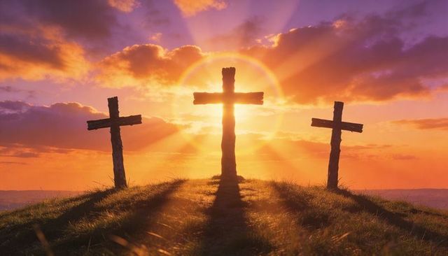 Three crosses silhouetting on hilltop sunset with radiant halo and sunbeams