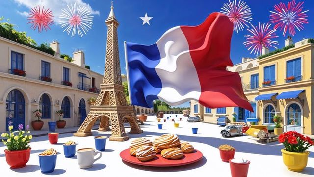 Vibrant french celebration with model eiffel tower and traditional pastries