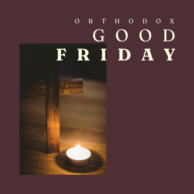 Orthodox Good Friday text decorated with a cross and lit candle against a purple background signifies religious observance and solemn reflection. Ideal for religious events promotions, church bulletins, spiritual blogs, and faith-related articles.