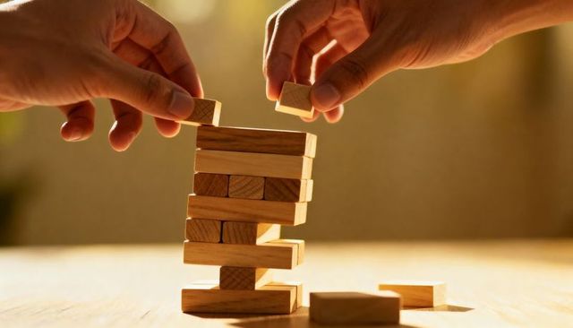 Hands stacking wooden block tower in warm golden light for teamwork