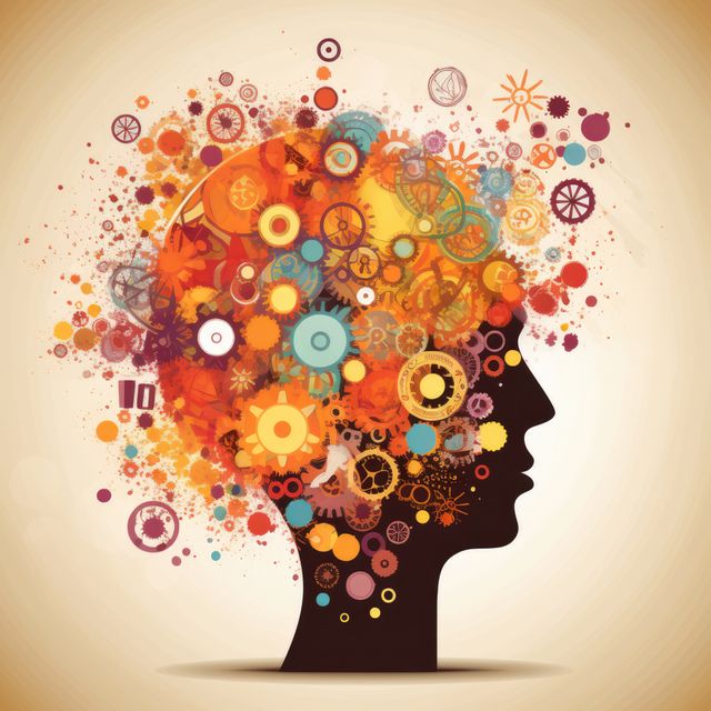 Silhouette of human head filled with vibrant geometric shapes and gears, symbolizing creativity, intelligence, innovation, and mental processes. Excellent for use in educational materials, engineering presentations, technology blogs, and articles on brain sciences and creative thinking.