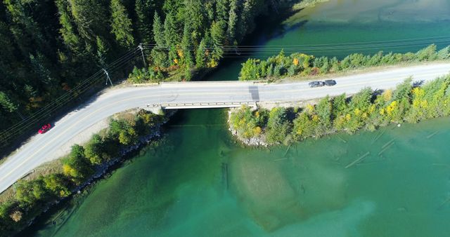 Aerial perspective of a bridge crossing a green forest river with vehicles traveling. Ideal for use in travel blogs, transportation articles, infrastructure planning materials, and environmental studies. Highlights human interaction with nature and scenic landscapes.