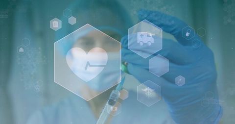 Female nurse preparing syringe from vial with blue gloves and digital healthcare hex icons