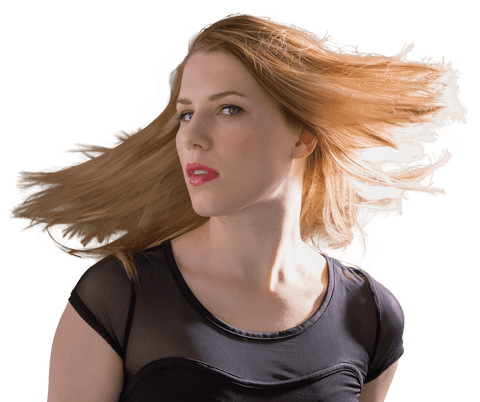 Blonde hair caucasian woman with flowing hair on transparent background