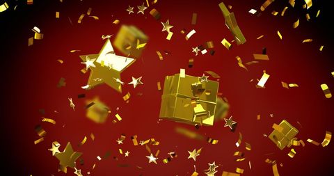 golden christmas stars and gifts falling on festive red background - Download Free Stock Images Pikwizard.com