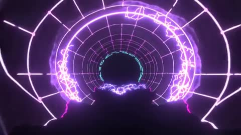 Camera thrusting through neon tunnel with pulsing rings and cyan fissures toward void