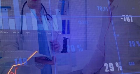 Doctor reviewing patient data with digital charts overlay