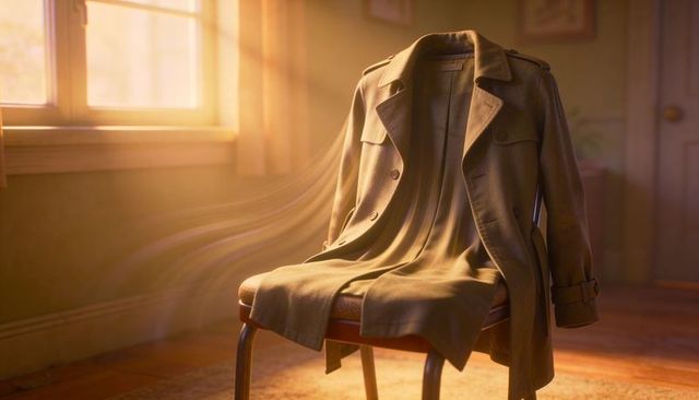 Olive trench coat draping over chair in warm morning sunlight evoking cozy nostalgia