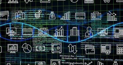 Glowing blue helix waveform sweeping across data dashboard with neon analytics icons and code grid