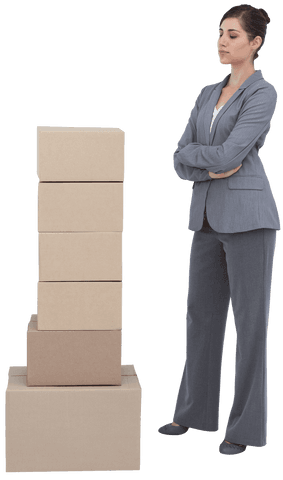 Thoughtful Businesswoman Analyzing Stacked Cardboard Boxes Transparent - Download Free Stock Videos Pikwizard.com