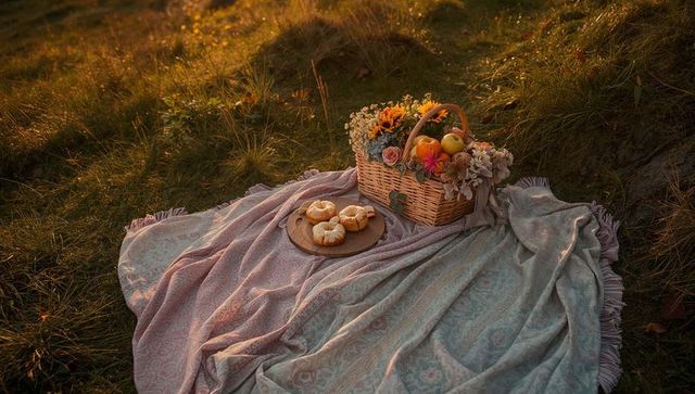 Rustic picnic setting with blanket and basket on sunlit meadow