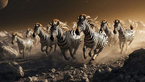 Charging herd of zebras galloping across alien plateau kicking up dust under cosmic sky