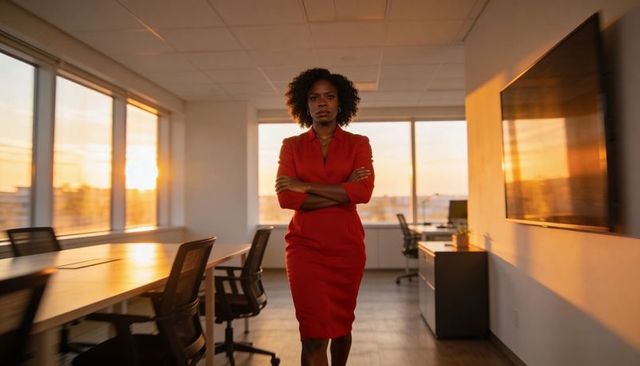 Confident female executive walking through sunlit modern office crossing arms at sunset