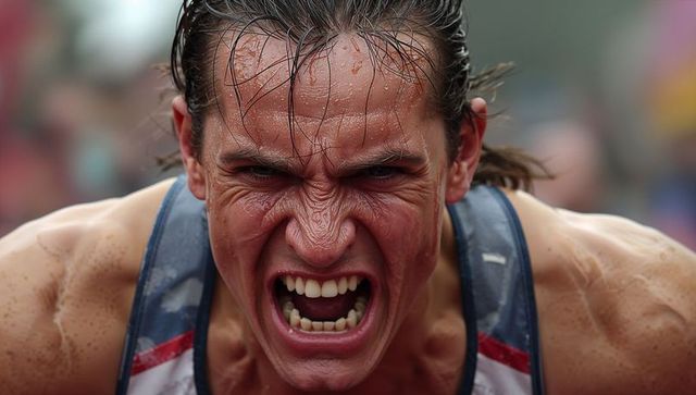 Male sprinter grimacing and pushing through final meters, sweat-drenched intensity and focus