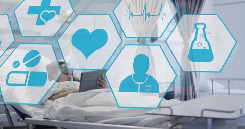 Young Patient Engaged with Tablet in Hospital Bed Surrounded by Medical Icons