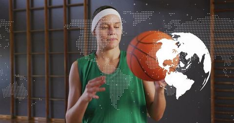 Female basketball player spinning ball in gymnasium with world map overlay, focused athlete