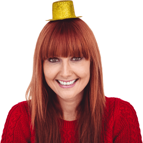 Smiling Woman with Red Hair Wearing Miniature Gold Party Hat on Stylish Outfit - Download Free Stock Videos Pikwizard.com