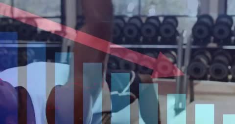 Athlete pressing dumbbell on bench with declining fitness data overlay and bar chart