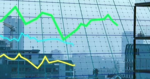 Financial graphs over urban cityscape illustrating dynamic markets