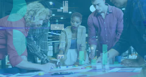 Diverse Team Collaborating in Modern Office with Technology Overlays