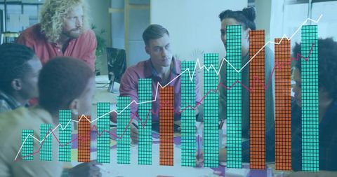 Colleagues Collaborating with Augmented Reality Analytics in Modern Office