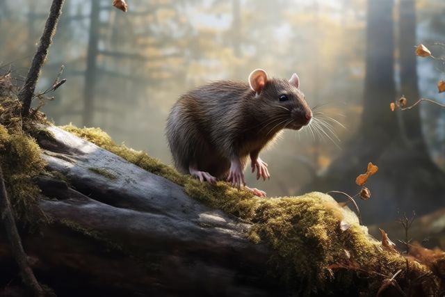 A curious rat stands on a moss-covered log in a sunlit forest, surrounded by autumn leaves. Ideal for use in nature articles, educational materials about rodents, or wildlife projects showcasing animals in their natural habitats.