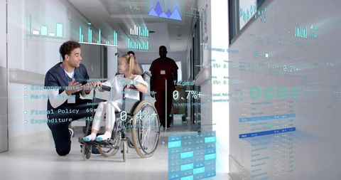 Nurse Assisting Girl in Wheelchair with Augmented Reality Data