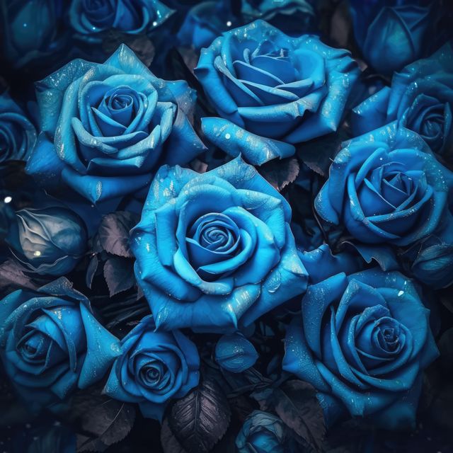 This vibrant blue roses close-up shows dew-covered petals, creating a mesmerizing and romantic scene. Ideal for use in greeting cards, botanical designs, home decor, and websites focusing on love and romance themes.