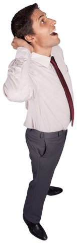 Happy businessman looking up transparent background