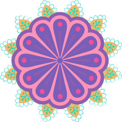 Transparent abstract floral mandala with purple and pink petals