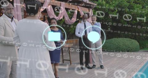 Woman addressing formal poolside gathering with augmented reality interface overlay under pergola