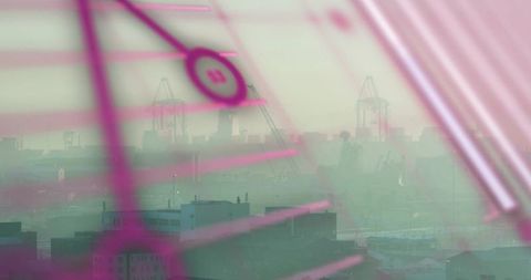 Framing industrial harbor skyline through hazy magenta glass with gantry crane silhouettes