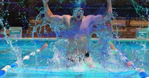 Dynamic swimmer emerging from pool with splash