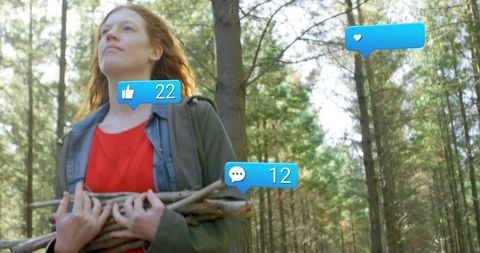 Woman carrying firewood in sunlit pine forest with social media notification overlays