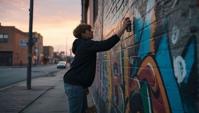 Urban teen artist creates vibrant graffiti at dusk