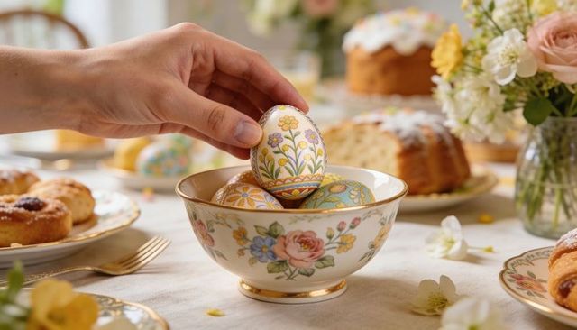 Hand placing decorated easter egg in floral porcelain bowl on spring brunch table