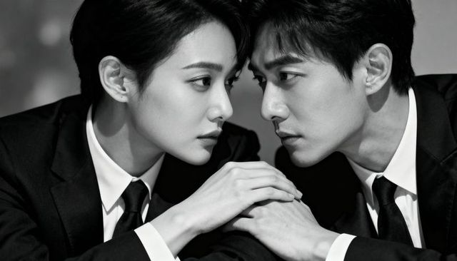 Intense business connection gazing partners in black suits with clasped hands