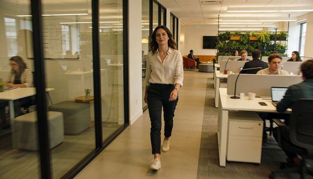 Confident professional walking through modern open-plan office with collaborative workspaces