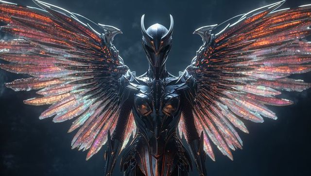 Futuristic cyber knight with glowing armor and wings