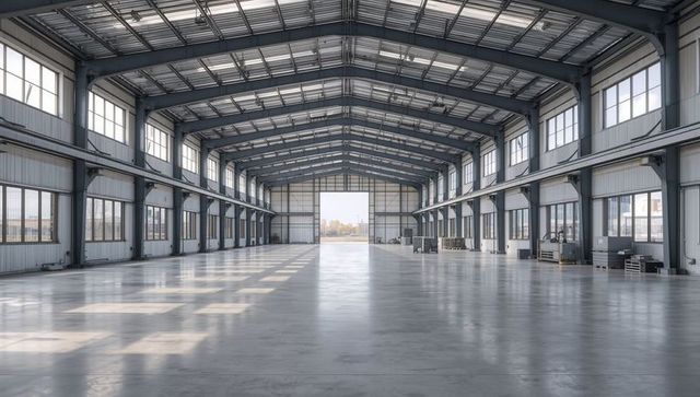 Spacious Industrial Warehouse Interior with Polished Concrete Floor