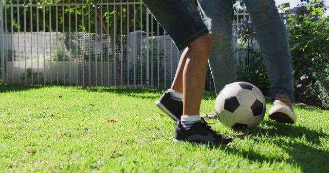 Father and son are having fun playing soccer together in the backyard. Ideal for themes related to family bonding, outdoor activities, childhood memories, and active lifestyles. Suitable for use in advertising, parenting blogs, sports promotions, and family-oriented content.