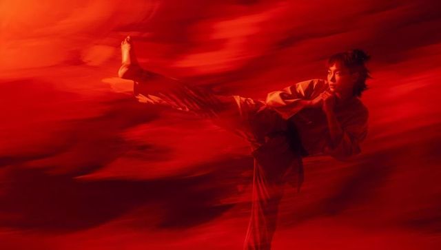 Martial artist performing high kick in dynamic red background