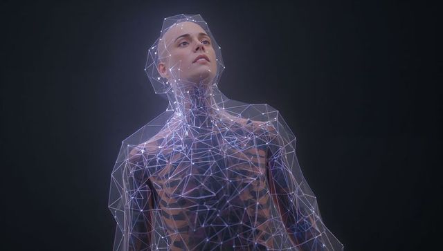 Futuristic woman wearing translucent geometric mesh with glowing wireframe skeleton
