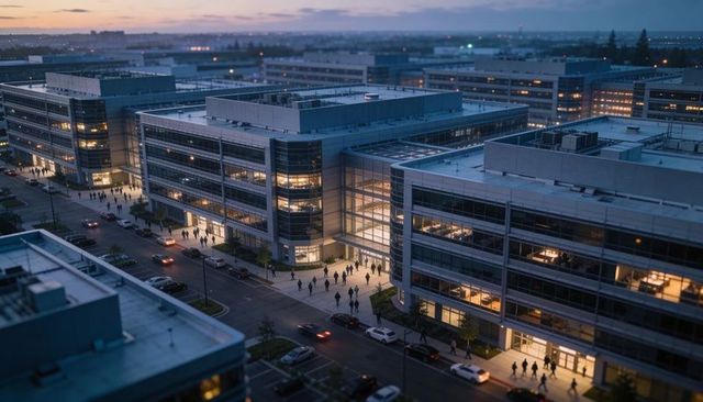 Glass corporate campus at dusk with lit offices and commuters walking evening streets
