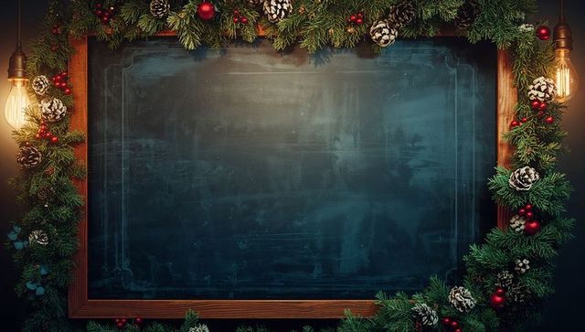 Holiday chalkboard with rustic garland and vintage lighting