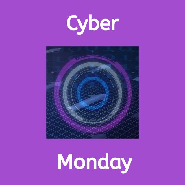 Composite of cyber monday text over purple neon circle lines. Cyber monday, online sales, shopping and retail concept digitally generated image.