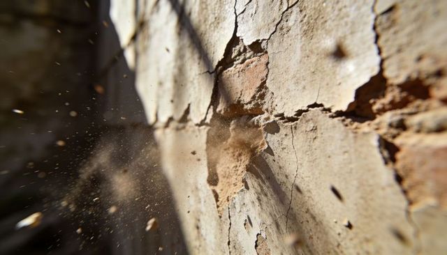 Crumbling plaster revealing brickwork and airborne dust on sunlit weathered facade