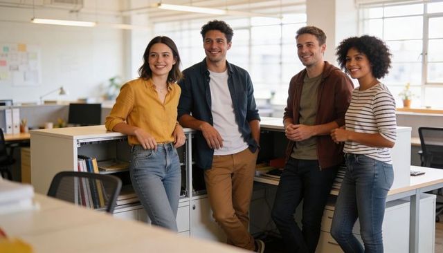 Young professionals leaning and smiling in bright open office, teamwork collaboration